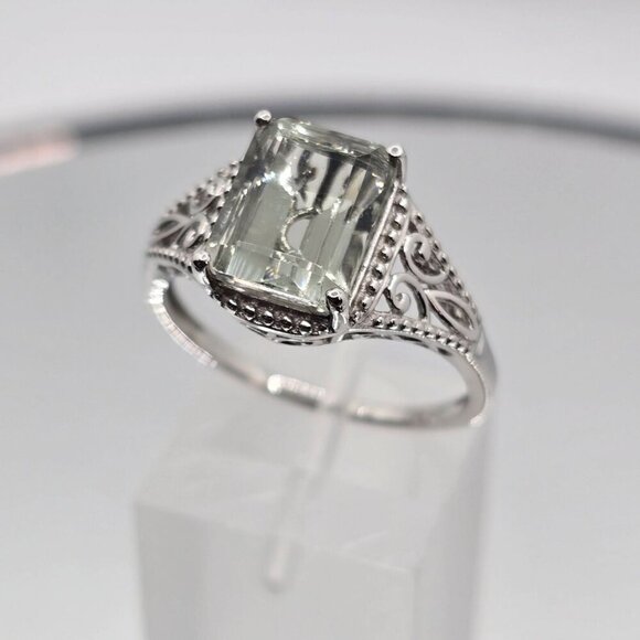 Prasiolite Solitaire ✦ 3.40 CT Octagon Green Quartz Ring ✦ S925 Platinum Size 9 - Picture 4 of 16